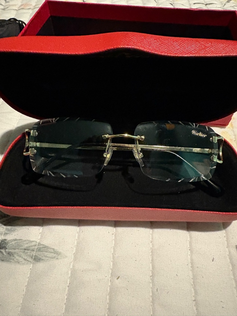 Cartier Rimless Men's Sunglasses with Gold Frame and Dark Green Lenses